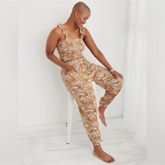 Aerie Smocked High Waist Floral Beach Lounge Pants Joggers w/ pockets SMALL - Picture 1 of 11